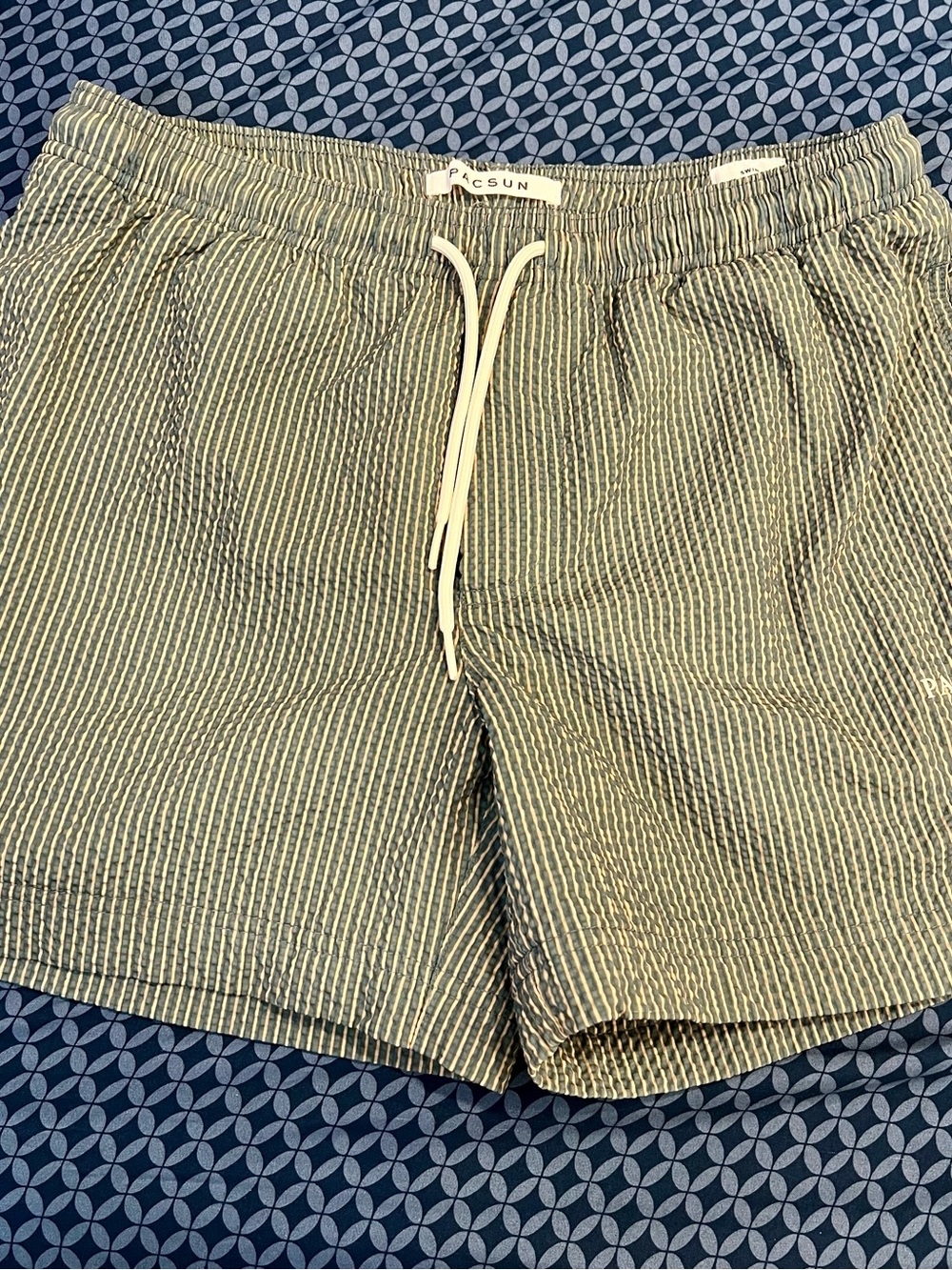 PacSun Olive & White Pinstripe Swim Trunks